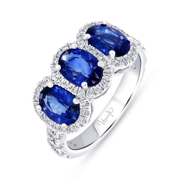 Uneek Precious Collection 3-Stone-Halo Oval Blue Sapphire Anniversary Ring