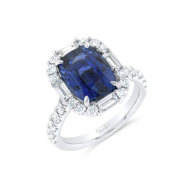 Uneek Precious Collection Halo Cushion Blue Sapphire Engagement Ring