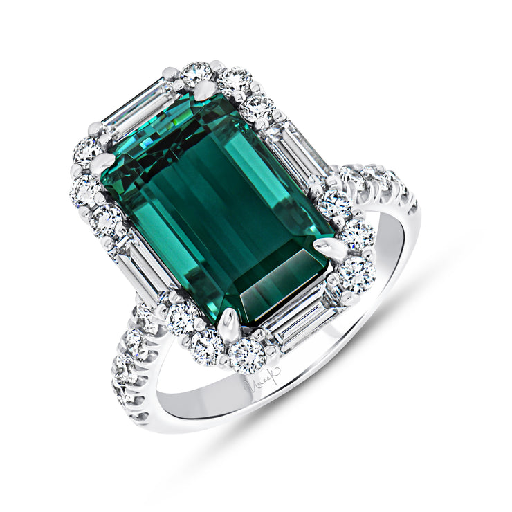Uneek Precious Collection Halo Emerald Green Tourmaline Engagement Ring