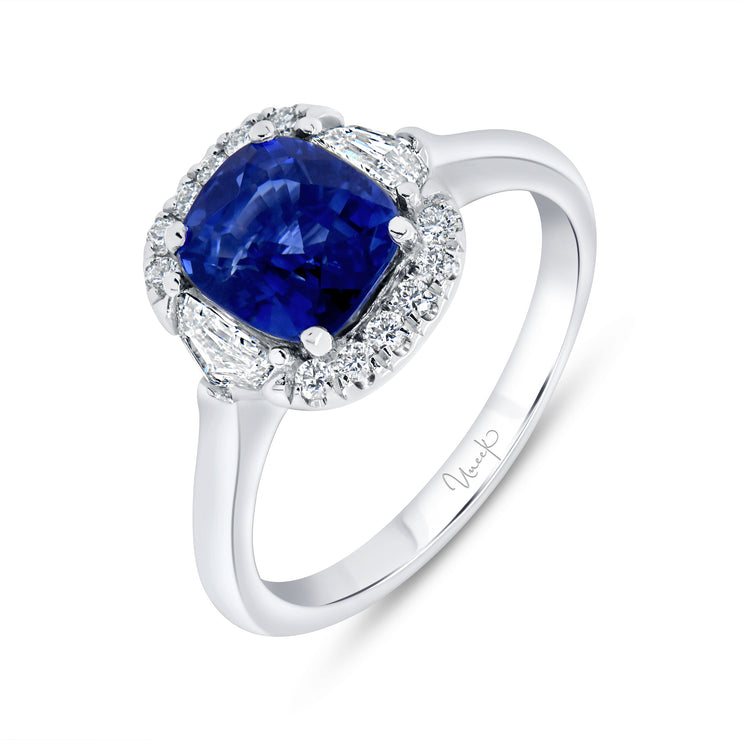 Uneek Precious Collection 3-Stone-Halo Cushion Blue Sapphire Engagement Ring