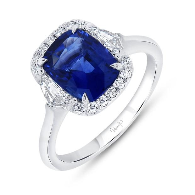 Uneek Precious Collection 3-Stone-Halo Cushion Blue Sapphire Engagement Ring