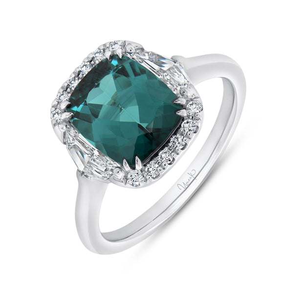 Uneek Precious Collection 3-Stone-Halo Cushion Green Tourmaline Engagement Ring
