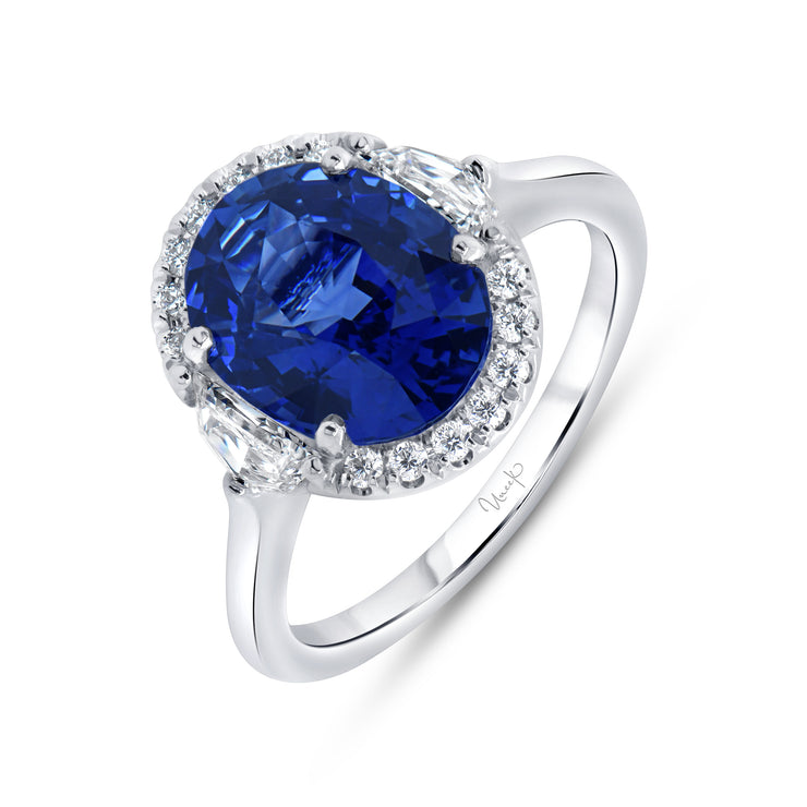 Uneek Precious Collection 3-Stone-Halo Oval Blue Sapphire Engagement Ring