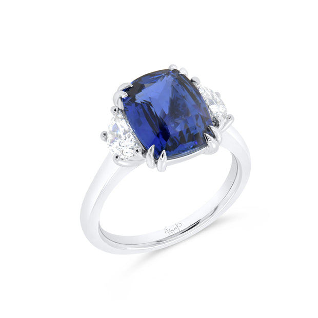 Uneek Precious Collection Three-Stone Cushion Blue Sapphire Engagement Ring