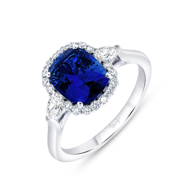 Uneek Precious Collection 3-Stone-Halo Cushion Blue Sapphire Engagement Ring