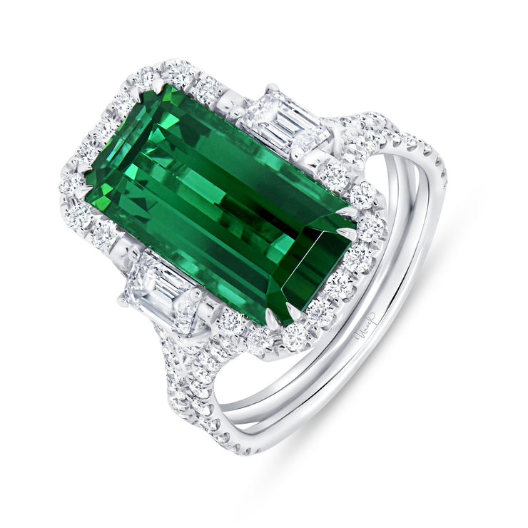 Uneek Precious Collection 3-Stone-Halo Radiant Green Tourmaline Engagement Ring