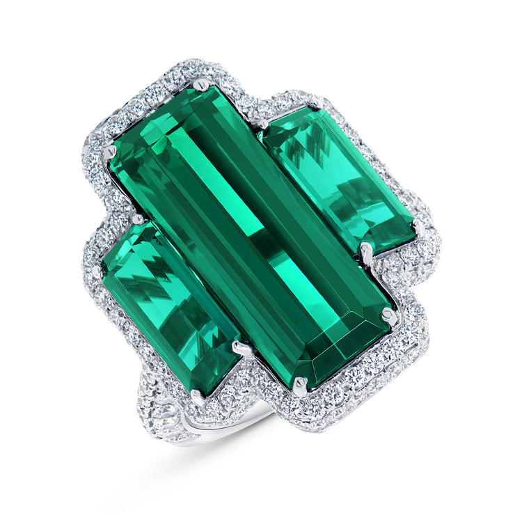 Uneek Precious Collection 3-Stone-Halo Emerald Green Tourmaline Engagement Ring