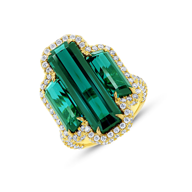 Uneek Precious Collection 3-Stone-Halo Emerald Green Tourmaline Engagement Ring