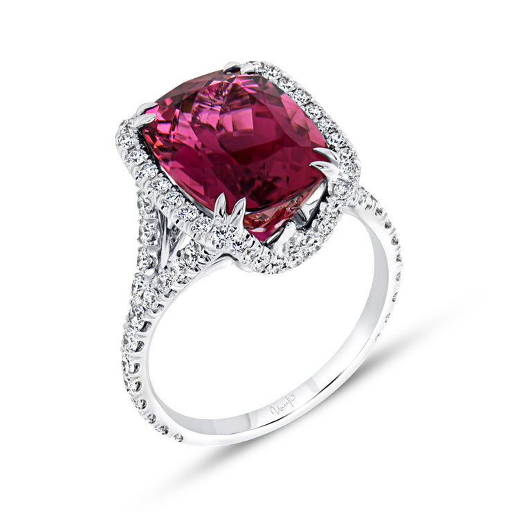 Uneek Precious Collection Halo Cushion Rubellite Engagement Ring