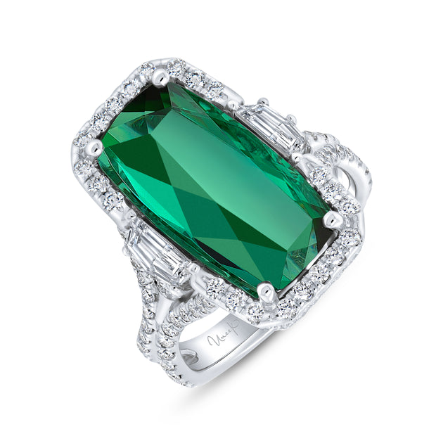 Uneek Precious Collection 3-Stone-Halo Elongated-Cushion Green Tourmaline Engagement Ring