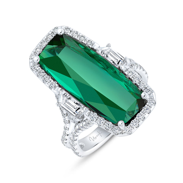 Uneek Precious Collection 3-Stone-Halo Elongated-Cushion Green Tourmaline Engagement Ring