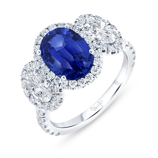 Uneek Precious Collection 3-Stone-Halo Oval Blue Sapphire Engagement Ring
