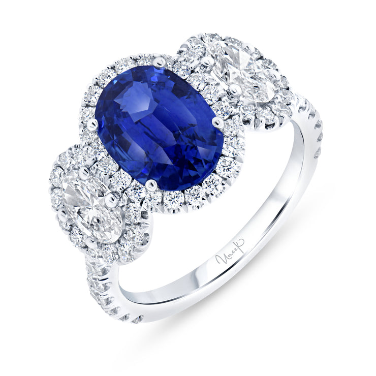 Uneek Precious Collection 3-Stone-Halo Oval Blue Sapphire Engagement Ring