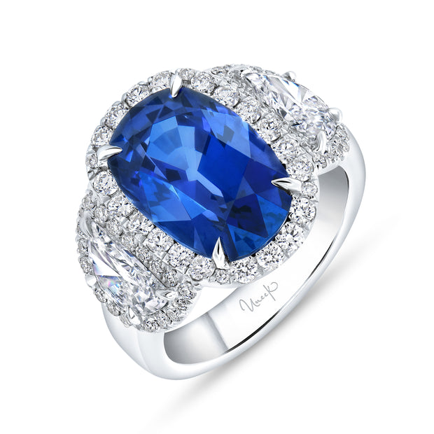 Uneek Precious Collection 3-Stone-Halo Cushion Blue Sapphire Engagement Ring