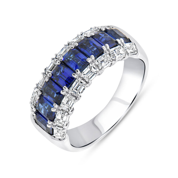 Uneek Precious Collection 3-Row Emerald Blue Sapphire Anniversary Ring
