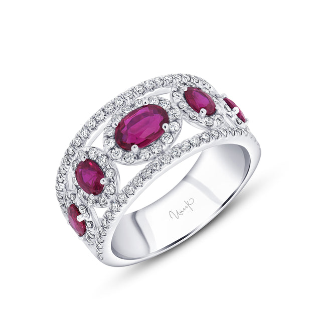 Uneek Precious Collection 5-Stone-Halo Oval Shaped Ruby Fashion Ring
