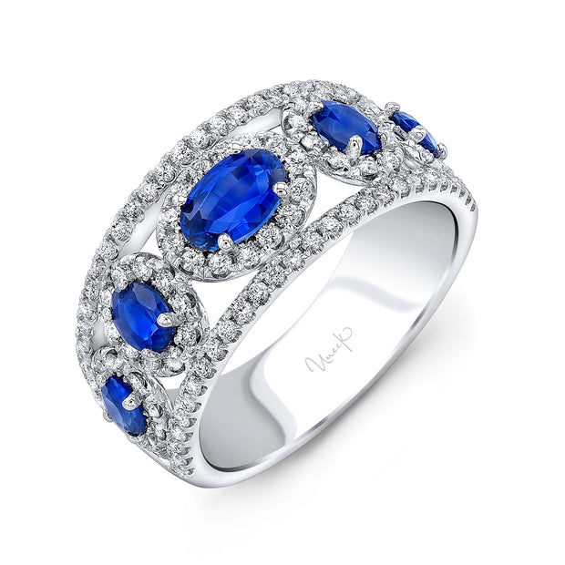 Uneek Precious Collection 5-Stone-Halo Oval Shaped Blue Sapphire Fashion Ring