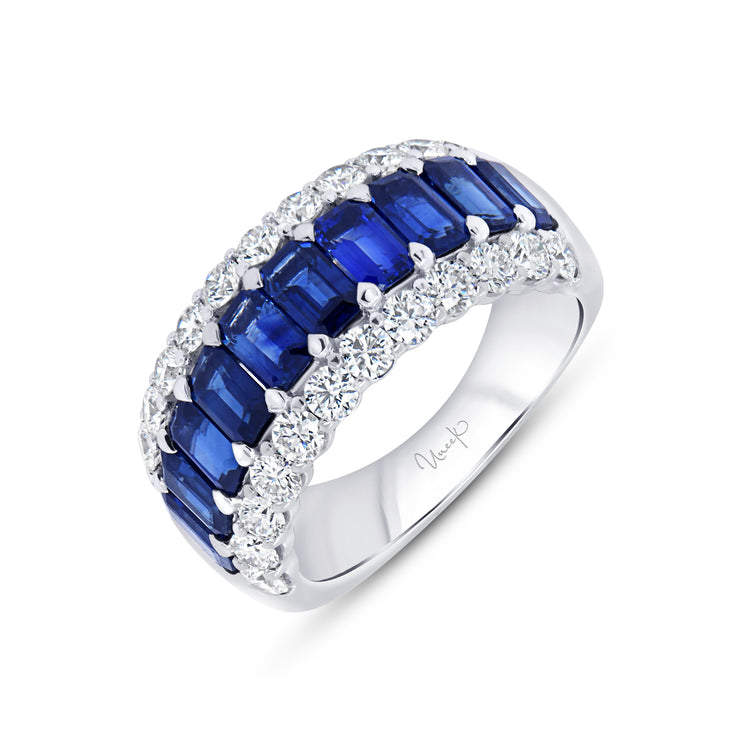 Uneek Precious Collection 3-Row Emerald Blue Sapphire Anniversary Ring