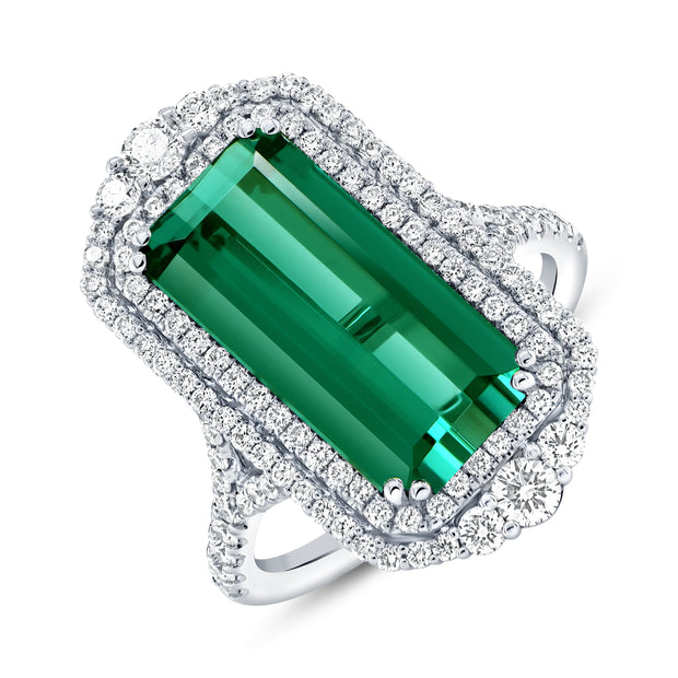 Uneek Precious Collection Double-Halo Elongated Cushion Cut Green Tourmaline Fashion Ring