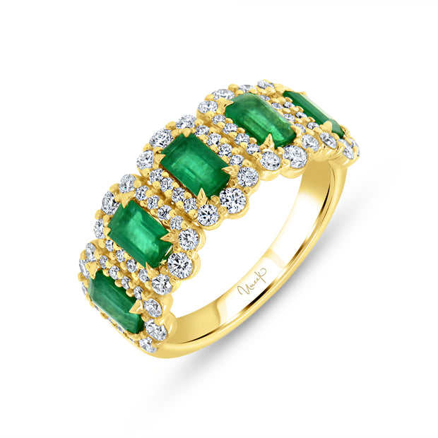 Uneek Petals Collection 5-Stone-Halo Emerald Green Diamond Anniversary Ring
