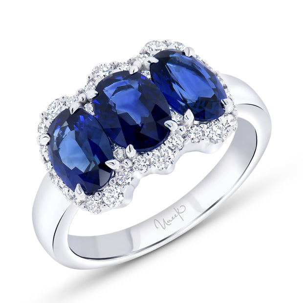 Uneek Petals Collection 3-Stone-Halo Oval Blue Sapphire Anniversary Ring