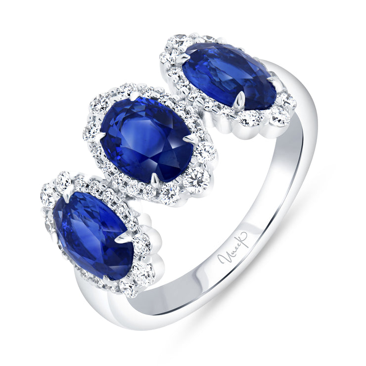 Uneek Petals Collection 3-Stone-Halo Oval Blue Sapphire Anniversary Ring