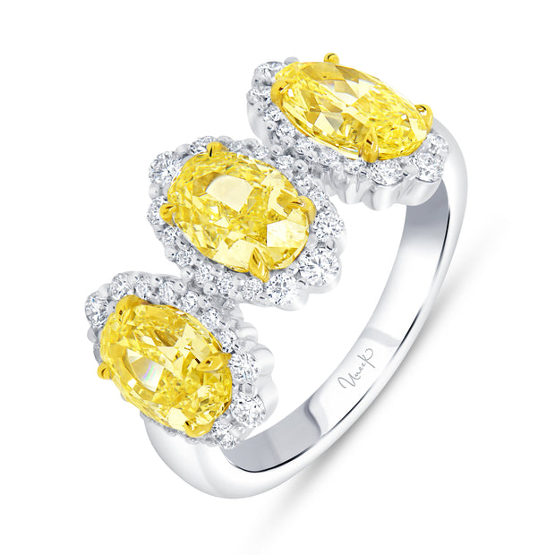Uneek Natureal Collection 3-Stone-Halo Oval Fancy Yellow Diamond Anniversary Ring