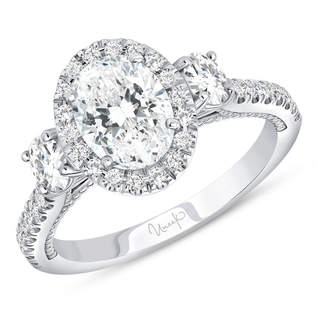 Uneek Us Collection 3-Stone-Halo Oval Engagement Ring