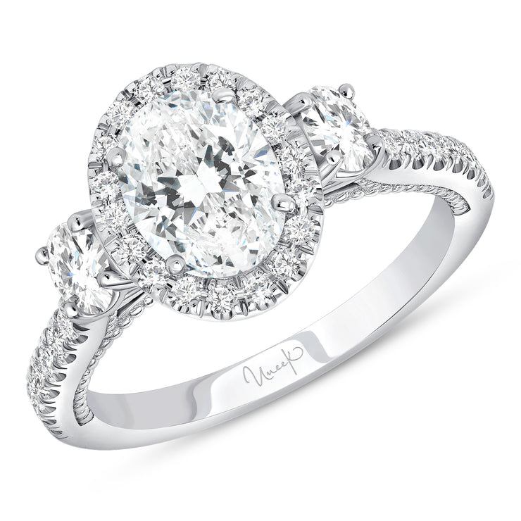 Uneek Us Collection 3-Stone-Halo Oval Engagement Ring