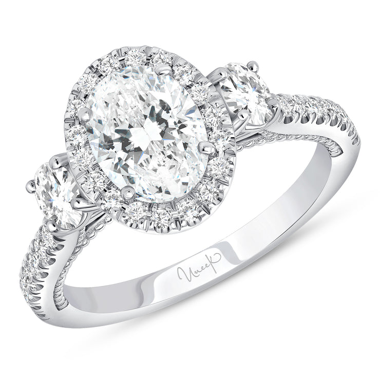 Uneek Us Collection 3-Stone-Halo Oval Shaped Engagement Ring