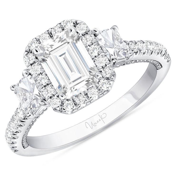 Uneek Us Collection 3-Stone-Halo Radiant Engagement Ring