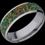 7 mm wide/Domed/Tantalum band with one 5 mm Centered inlay of Black Opal.
