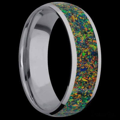 7 mm wide/Domed/Tantalum band with one 5 mm Centered inlay of Black Opal.