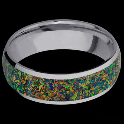 7 mm wide/Domed/Tantalum band with one 5 mm Centered inlay of Black Opal.