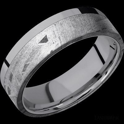 7 mm wide/Flat/Tantalum band with one 5 mm Off Center Edge inlay of Meteorite.