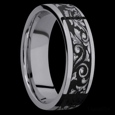 7 mm wide/Flat/Tantalum band with a laser carved Western Scroll pattern.