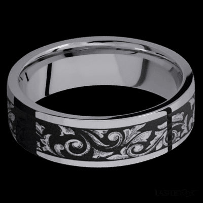 7 mm wide/Flat/Tantalum band with a laser carved Western Scroll pattern.