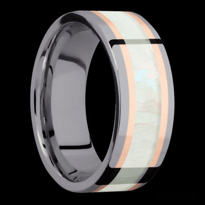 8 mm wide/Flat/Tantalum band featuring inlays of 14K Rose Gold and Freshwater Mother of Pearl.