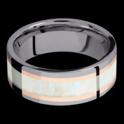 8 mm wide/Flat/Tantalum band featuring inlays of 14K Rose Gold and Freshwater Mother of Pearl.