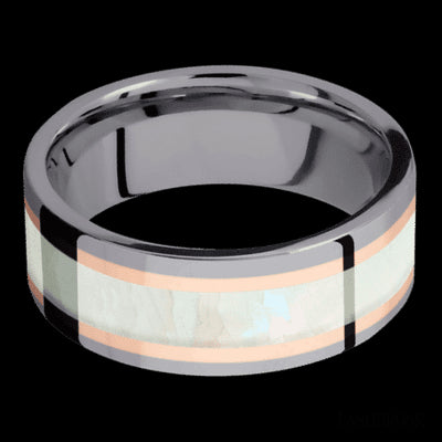 8 mm wide/Flat/Tantalum band featuring inlays of 14K Rose Gold and Freshwater Mother of Pearl.