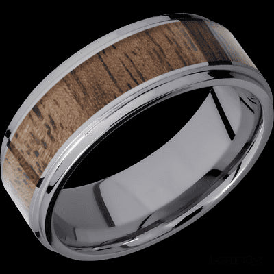 8 mm wide/Flat Grooved Edges/Tantalum band with one 5 mm Centered inlay of Walnut.