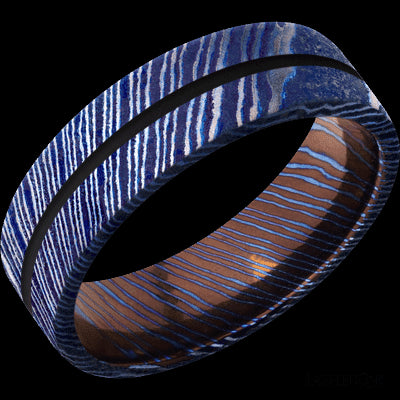 7 mm wide/Flat/Titanium Damascus band with one 1 mm Centered inlay of Black.