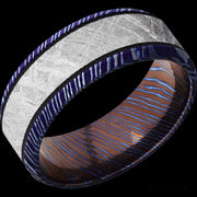 8 mm wide/Beveled/Titanium Damascus band with one 5 mm Centered inlay of Meteorite.