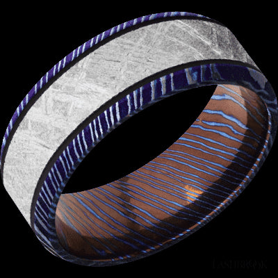 8 mm wide/Beveled/Titanium Damascus band with one 5 mm Centered inlay of Meteorite.