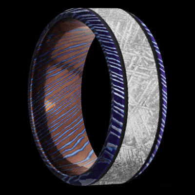 8 mm wide/Beveled/Titanium Damascus band with one 5 mm Centered inlay of Meteorite.