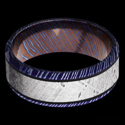 8 mm wide/Beveled/Titanium Damascus band with one 5 mm Centered inlay of Meteorite.
