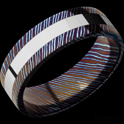 7 mm wide/Flat/Titanium Damascus band with one 3 mm Centered inlay of Cobalt Chrome.