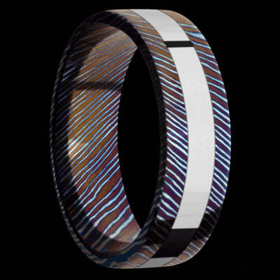 7 mm wide/Flat/Titanium Damascus band with one 3 mm Centered inlay of Cobalt Chrome.