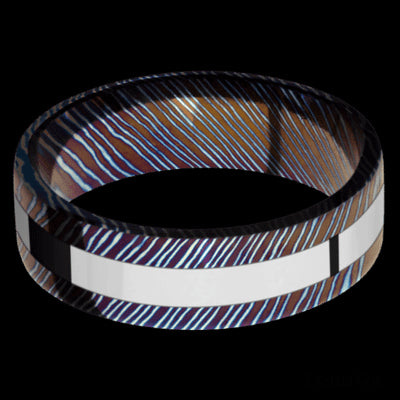 7 mm wide/Flat/Titanium Damascus band with one 3 mm Centered inlay of Cobalt Chrome.