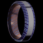 7 mm wide/High Bevel/Titanium Damascus band with one 3 mm Centered inlay of Tantalum.